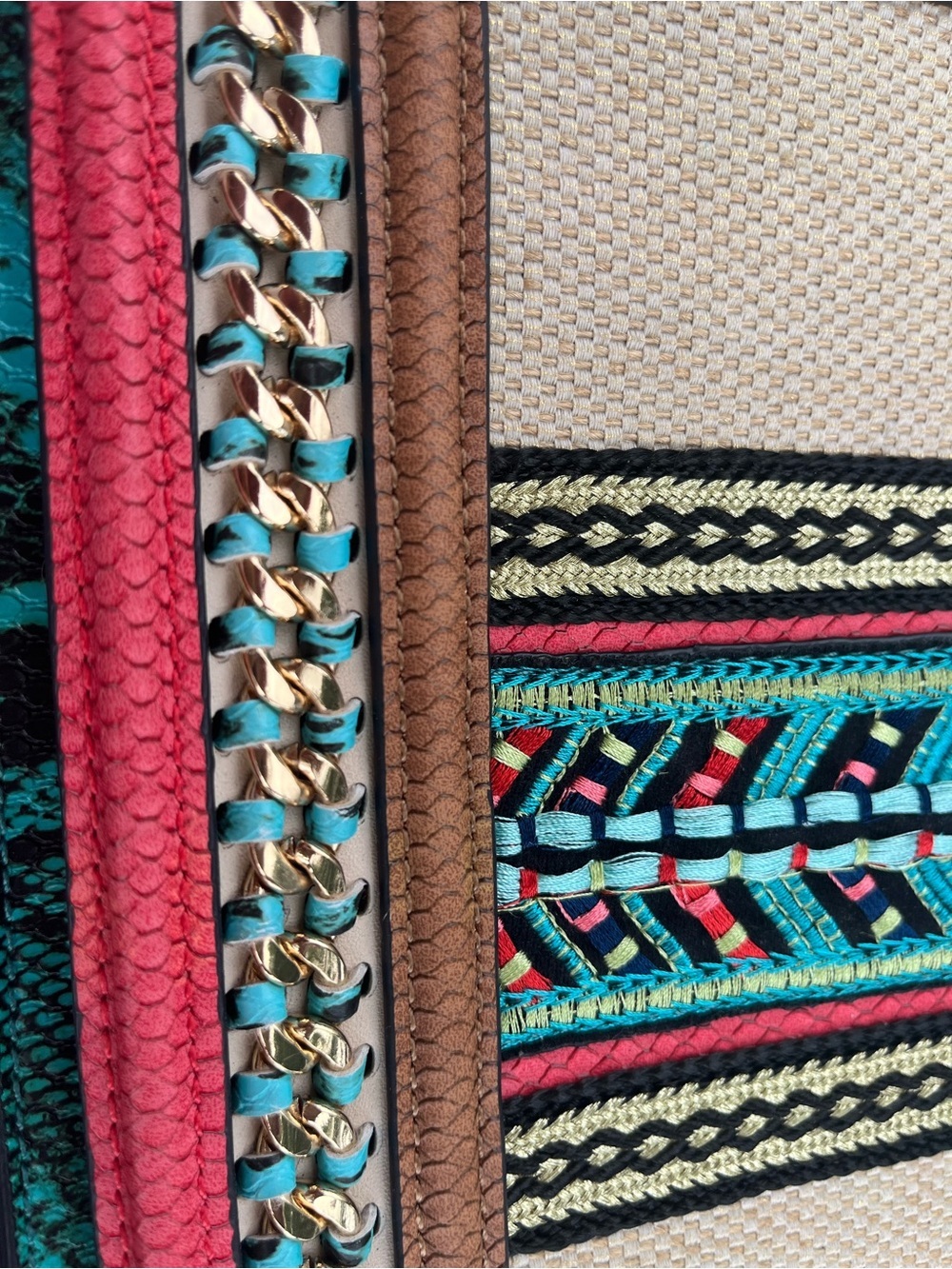Aldo Tura Cream Canvas Crossbody with Turquoise & Coral Accents - Picture 4 of 5